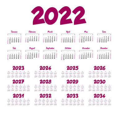 2022-2034 yılları arasında İngilizce takvimi, hafta pazar günü başlar.