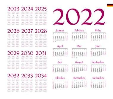 2022-2034 Alman takvimi. Hafta pazartesi başlıyor.