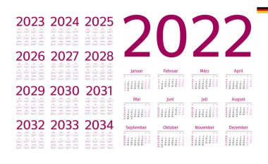 2022-2034 Alman takvimi. Hafta pazartesi başlıyor.