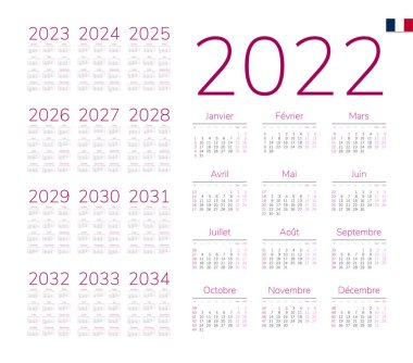 2022-2034 için Fransız takvimi. Hafta pazartesi başlıyor.