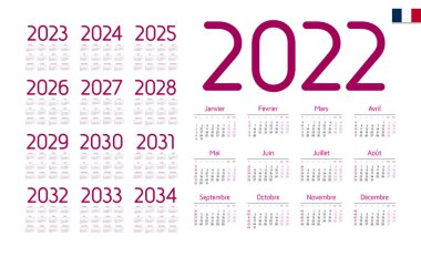 2022-2034 için Fransız takvimi. Hafta pazartesi başlıyor.