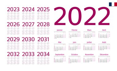 2022-2034 için Fransız takvimi. Hafta pazartesi başlıyor.