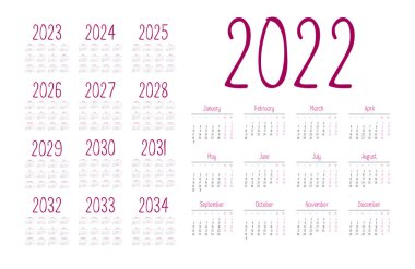 Basit takvim 2022 - 2033 beyaz arka planda. Vektör illüstrasyonu