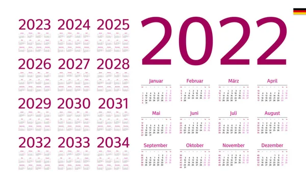 Tysk Kalender För 2022 2034 Veckan Börjar Måndag — Stock vektor