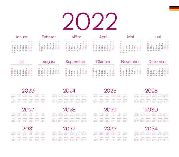 Calendario Alemán Para 2022 2034 Semana Comienza Lunes — Vector de stock