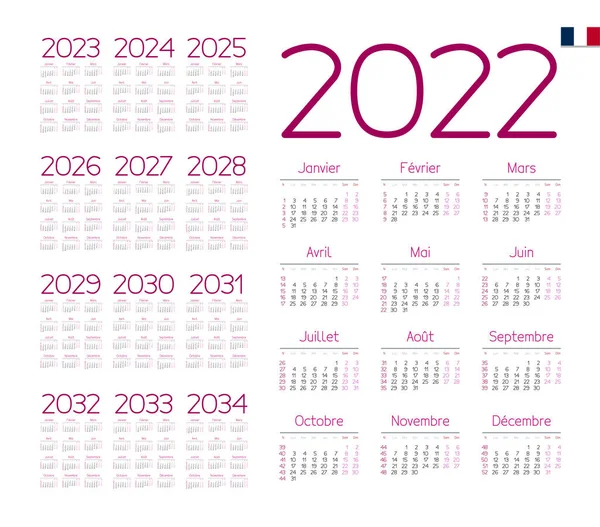 Calendario Francés Para 2022 2034 Semana Comienza Lunes — Vector de stock