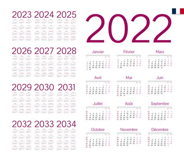 Calendario Francés Para 2022 2034 Semana Comienza Lunes — Vector de stock