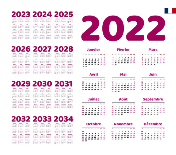 Calendario Francés Para 2022 2034 Semana Comienza Lunes — Vector de stock