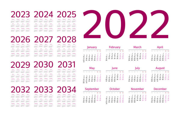 Простой календарь 2022 - 2033 на белом фоне. Векторная иллюстрация
