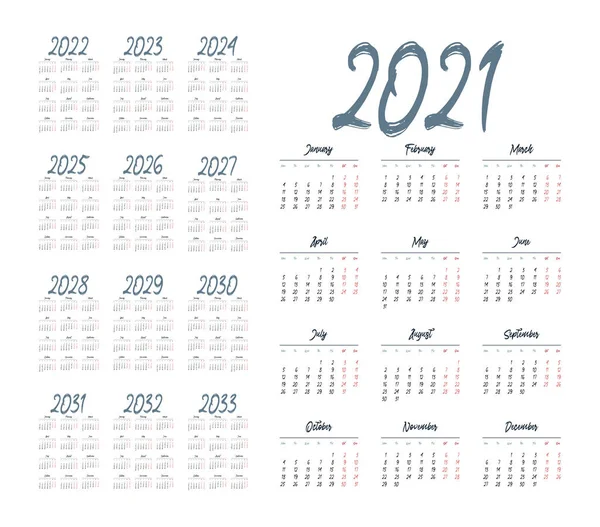 Prosty Kalendarz 2021 2033 Białym Tle Ilustracja Wektora — Wektor stockowy