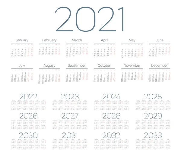 Calendario Simple 2021 2033 Sobre Fondo Blanco Ilustración Vectorial — Vector de stock