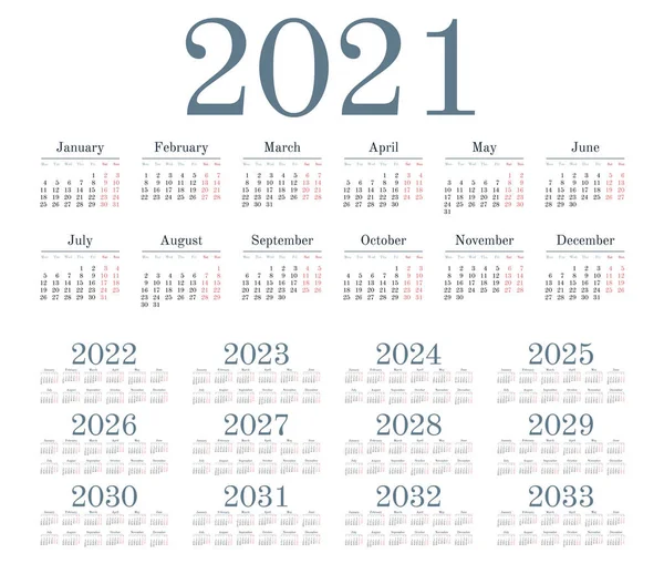 Calendario Simple 2021 2033 Sobre Fondo Blanco Ilustración Vectorial — Vector de stock