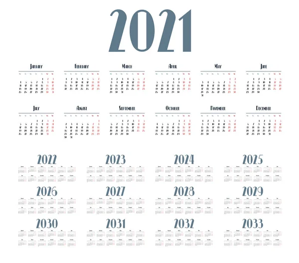 Einfacher Kalender 2021 2033 Auf Weißem Hintergrund Vektorillustration — Stockvektor