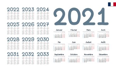 2021-2033 için Fransız takvimi. Hafta pazartesi başlıyor.