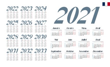 2021-2033 için Fransız takvimi. Hafta pazartesi başlıyor.