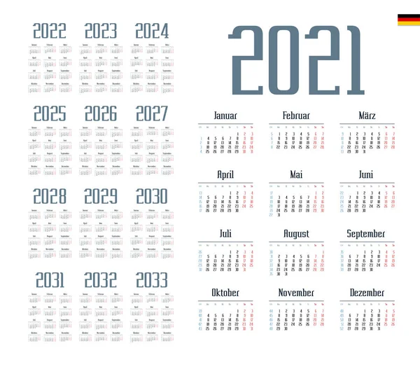 Tysk Kalender För 2021 2033 Veckan Börjar Måndag — Stock vektor
