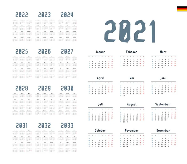 Calendario Alemán Para 2021 2033 Semana Comienza Lunes — Vector de stock