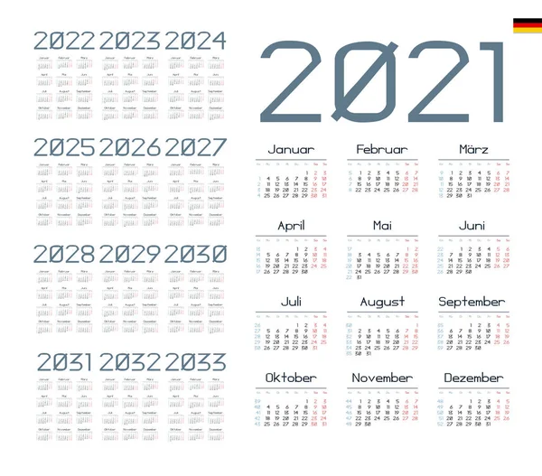 Tysk Kalender För 2021 2033 Veckan Börjar Måndag — Stock vektor