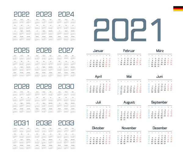 Duitse Kalender Voor 2021 2033 Week Begint Maandag — Stockvector