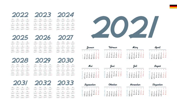 Calendario Alemán Para 2021 2033 Semana Comienza Lunes — Vector de stock