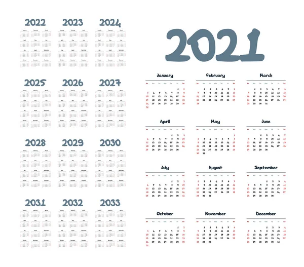 Calendrier Anglais Pour Les Années 2021 2033 Semaine Commence Dimanche — Image vectorielle