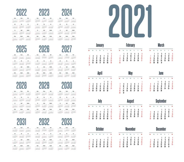 Engels Kalender Voor Jaren 2021 2033 Week Start Zondag — Stockvector