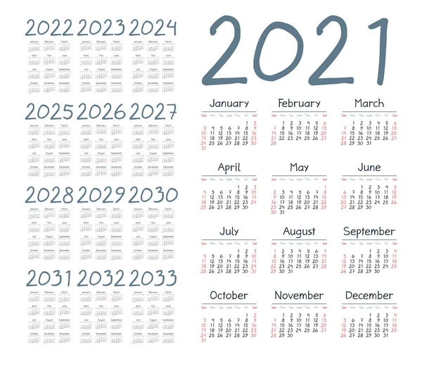 Calendario Inglés Para Los Años 2021 2033 Semana Comienza Domingo — Vector de stock