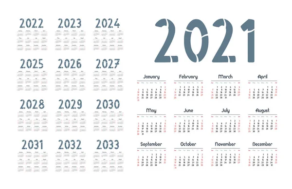 English Calendar Years 2021 2033 Week Starts Sunday — Stock Vector