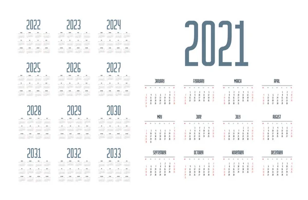 Kalendarz Angielski Dla Lat 2021 2033 Tydzień Zaczyna Się Niedzielę — Wektor stockowy