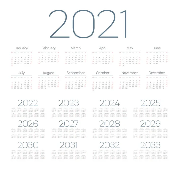 Calendrier Anglais Pour Les Années 2021 2033 Semaine Commence Dimanche — Image vectorielle