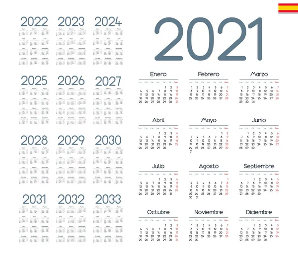 Calendario Español 2021 2033 Sobre Fondo Blanco Empieza Lunes Ilustración — Vector de stock