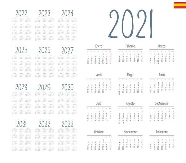 Calendario Español 2021 2033 Sobre Fondo Blanco Empieza Lunes Ilustración — Vector de stock