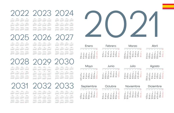 Calendario Español 2021 2033 Sobre Fondo Blanco Empieza Lunes Ilustración — Vector de stock
