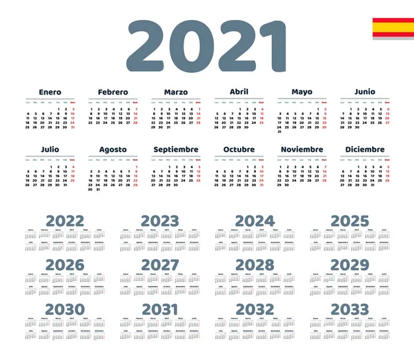 Calendario Español 2021 2033 Sobre Fondo Blanco Empieza Lunes Ilustración — Vector de stock