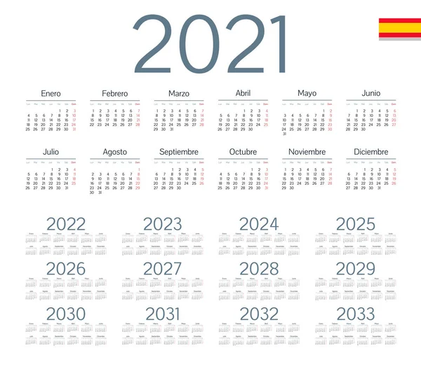 Calendario Español 2021 2033 Sobre Fondo Blanco Empieza Lunes Ilustración — Vector de stock