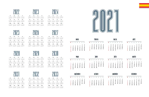 Spanischer Kalender 2021 2033 Auf Weißem Hintergrund Wochenbeginn Sonntag — Stockvektor