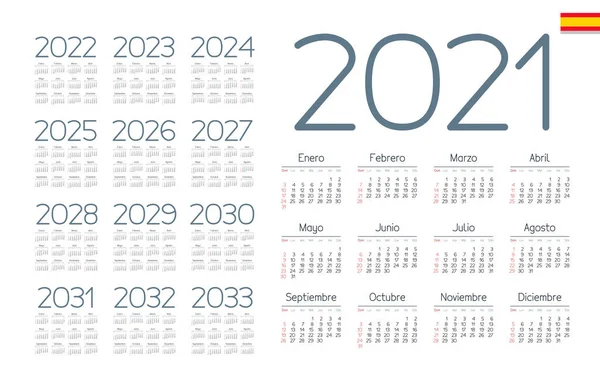 Calendario Español 2021 2033 Sobre Fondo Blanco Semana Comienza Domingo — Vector de stock