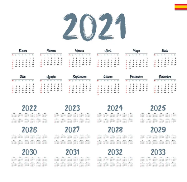 Calendario Español 2021 2033 Sobre Fondo Blanco Semana Comienza Domingo — Vector de stock