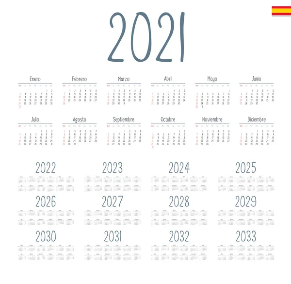 Calendario Español 2021 2033 Sobre Fondo Blanco Semana Comienza Domingo — Vector de stock