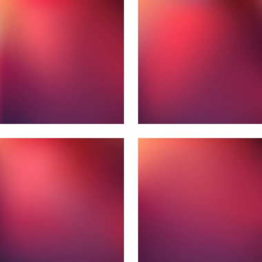 Soyut bulanık arkaplanlarla ayarlanmış. Vektör çizimi. Modern geometrik arka plan. Soyut şablon. Kırmızı, turuncu, mor renkler.