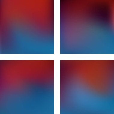 Soyut bulanık arkaplanlarla ayarlanmış. Vektör çizimi. Modern geometrik arka plan. Soyut şablon. Mavi, kahverengi, turuncu, kırmızı renkler.