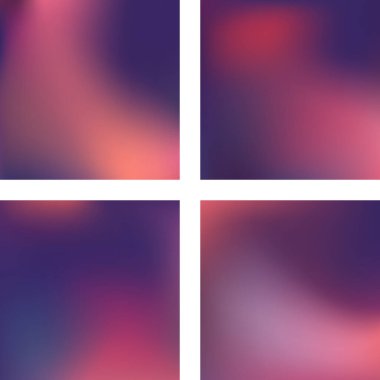 Soyut bulanık arkaplanlarla ayarlanmış. Vektör çizimi. Modern geometrik arka plan. Soyut şablon. Mor, turuncu renkler.