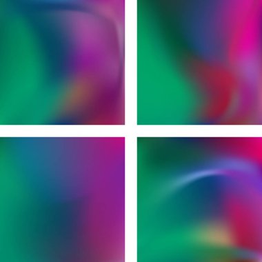 Renkli, soyut, bulanık arkaplanlarla ayarlanmış. Vektör çizimi. Modern geometrik arka plan. Soyut şablon. Pembe, mavi, yeşil renkler.