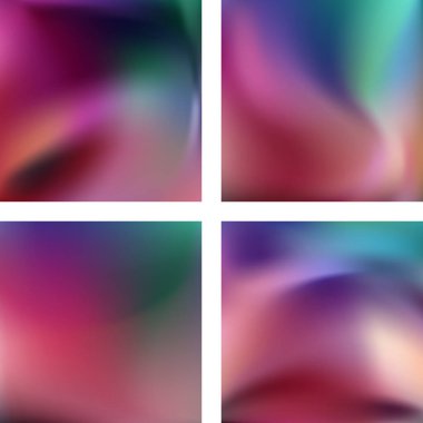 Soyut bulanık arkaplanlarla ayarlanmış. Vektör çizimi. Modern geometrik arka plan. Soyut şablon. Yeşil, pembe, mor renkler.