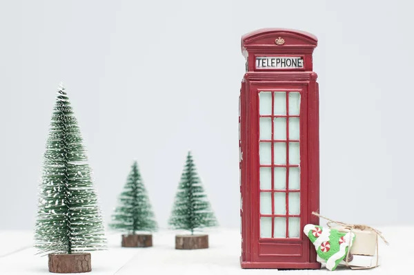 Toy London Red Phone Booth Gifts Christmas Trees Light Winter — Stock Photo, Image