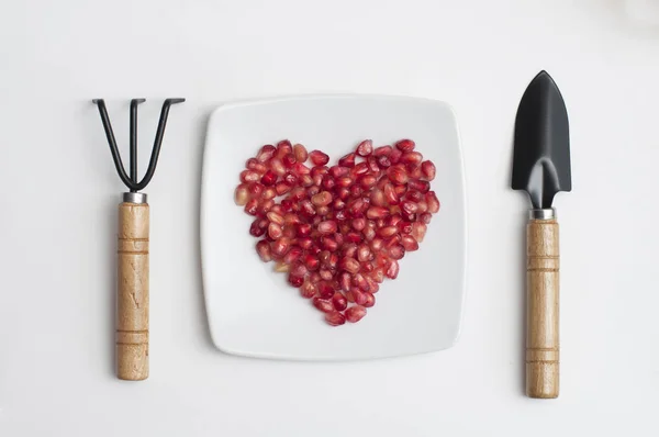 Granada Roja Semillas Jugosas Forma Corazón Plato Rastrillo Pala Como — Foto de Stock