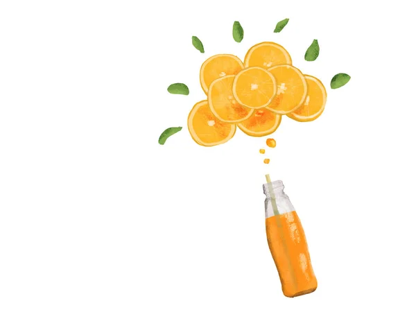 Μπουκαλάκι Χυμού Πορτοκαλιού Απεικόνιση Βιολογικών Πορτοκαλιών — Φωτογραφία Αρχείου