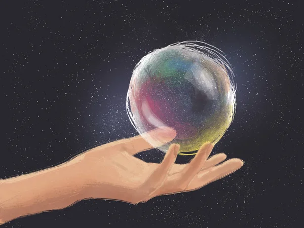 Hand and  a soap bubble in the space