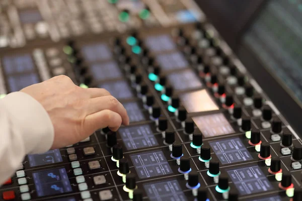 Sound Engineer Works Modern Digital Audio Mixer Recording Studio — Stock Photo, Image