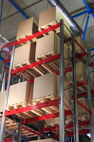 Cardboard boxes on pallets and racks in the warehouse.
